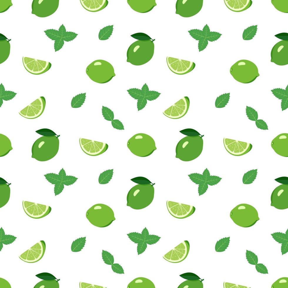 Cute seamless bright pattern of citrus fruits and mint leaves on a white background. Print with whole lime, slices. A set of fruits for a healthy lifestyle vector