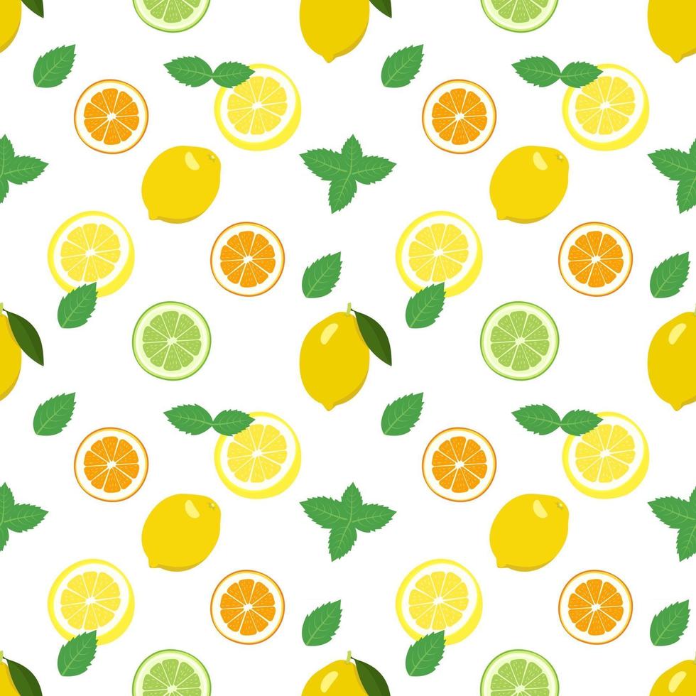 Seamless bright spring and summer pattern with lemon, tangerine, orange and lime and mint slices and leaves. A set of citrus fruits for a healthy lifestyle vector