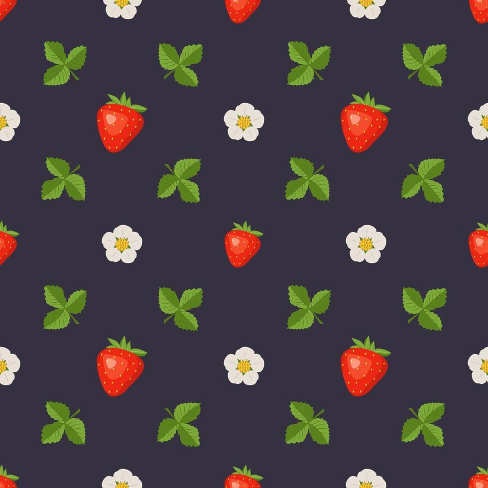 patrón transparente con fresas, flores y hojas. lindo estampado de bayas de verano o primavera sobre un fondo oscuro. decoración festiva para textiles, papel de regalo y diseños vector