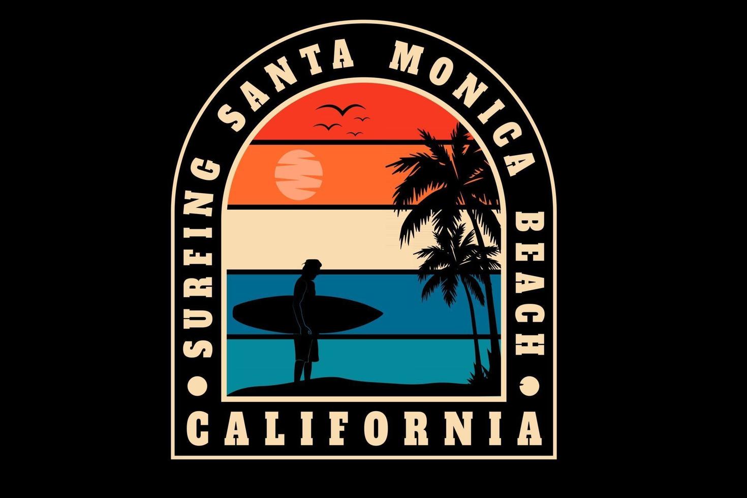 surfing santa monica beach california color orange cream and blue vector