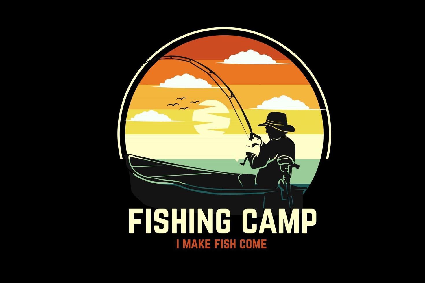 fishing camp silhouette design with retro background vector