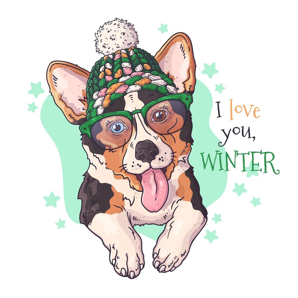 Retrato dibujado a mano de perro corgi en vector de accesorios de Navidad.