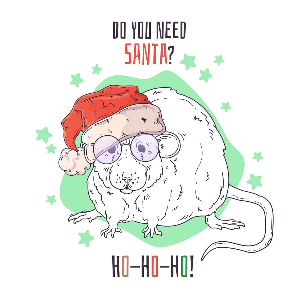 Hand drawn portrait of rat in Christmas accessories Vector. vector
