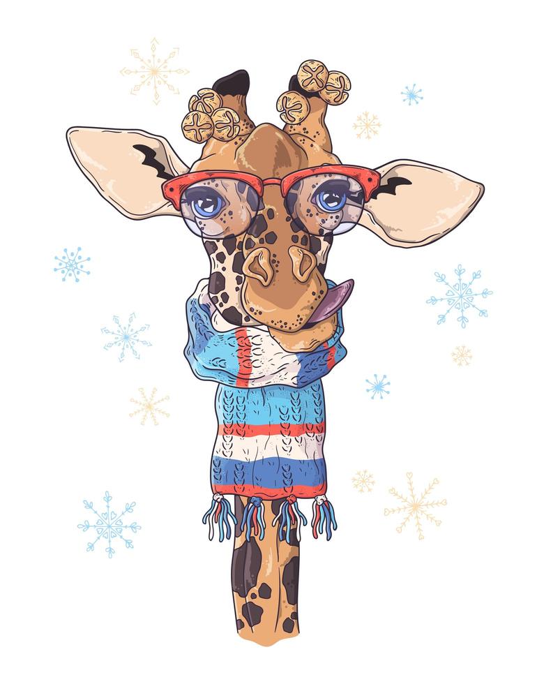 Hand drawn portrait of giraffe in Christmas accessories Vector. vector