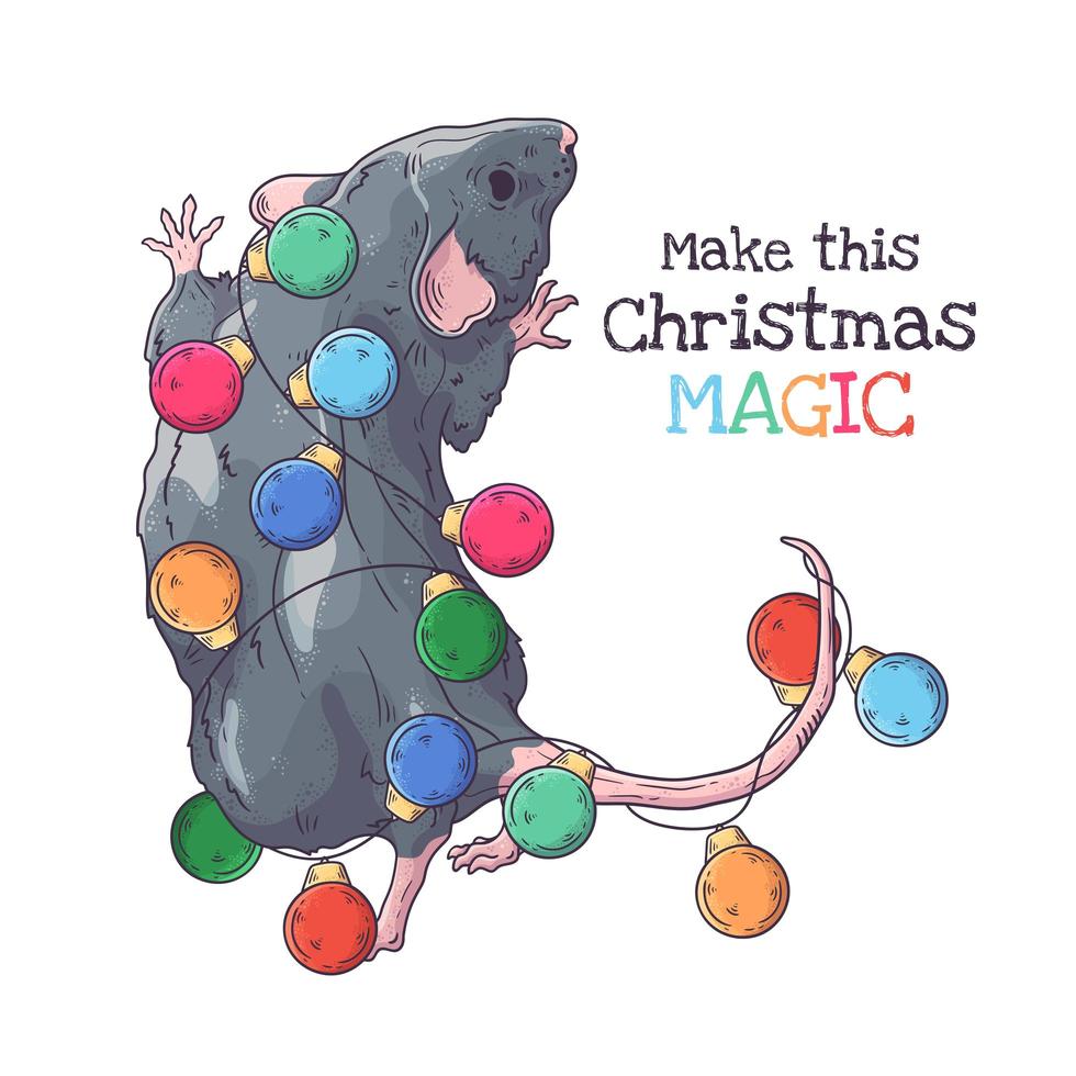 Hand drawn portrait of rat in Christmas accessories Vector. vector