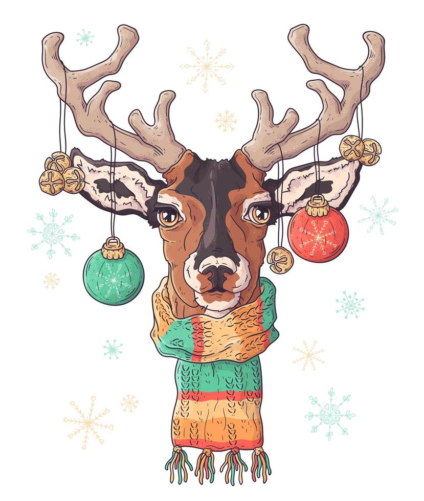 Hand drawn portrait of deer in Christmas accessories Vector. vector