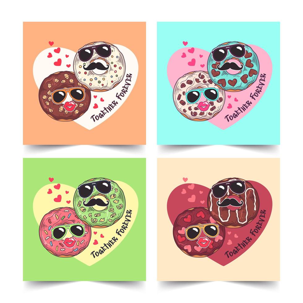 Hand drawn donuts with funny masks on greeting card for Valentines day Vector. vector