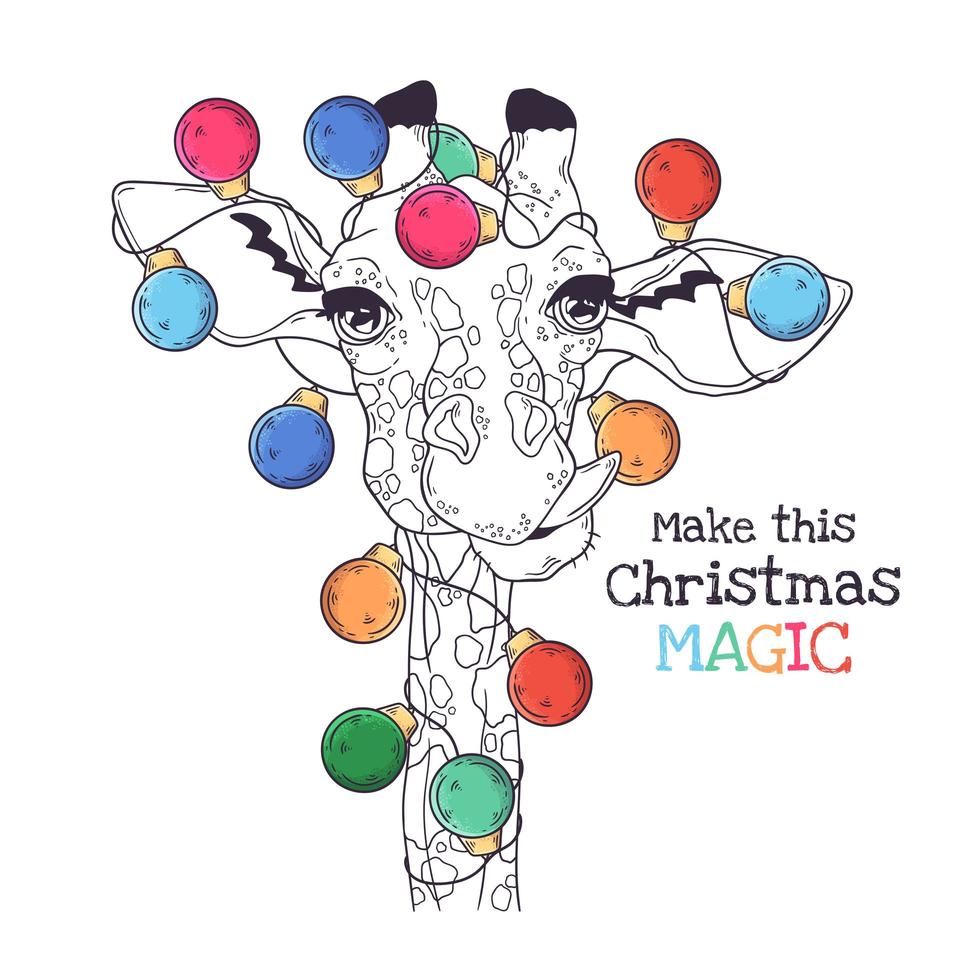 Hand drawn portrait of animal in Christmas accessories Vector. vector