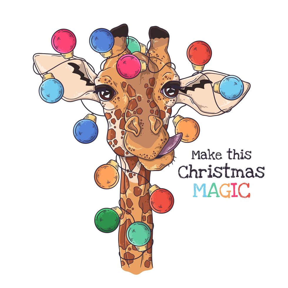 Hand drawn portrait of giraffe in Christmas accessories Vector. vector