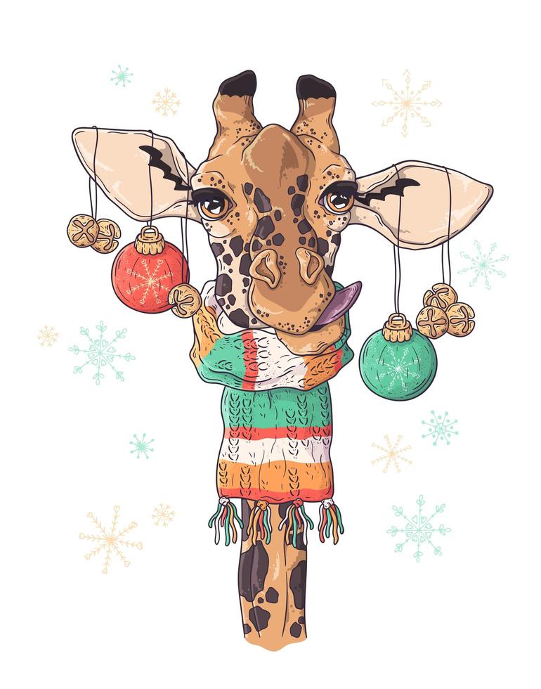 Hand drawn portrait of giraffe in Christmas accessories Vector. vector