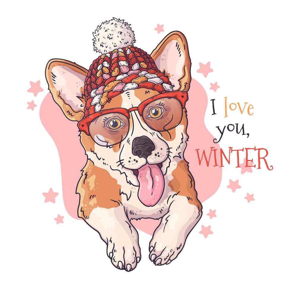 Retrato dibujado a mano de perro corgi en vector de accesorios de Navidad.