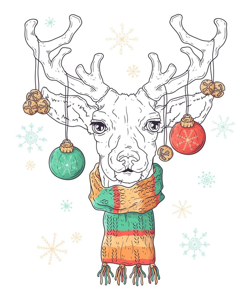 Hand drawn portrait of deer in Christmas accessories Vector. vector