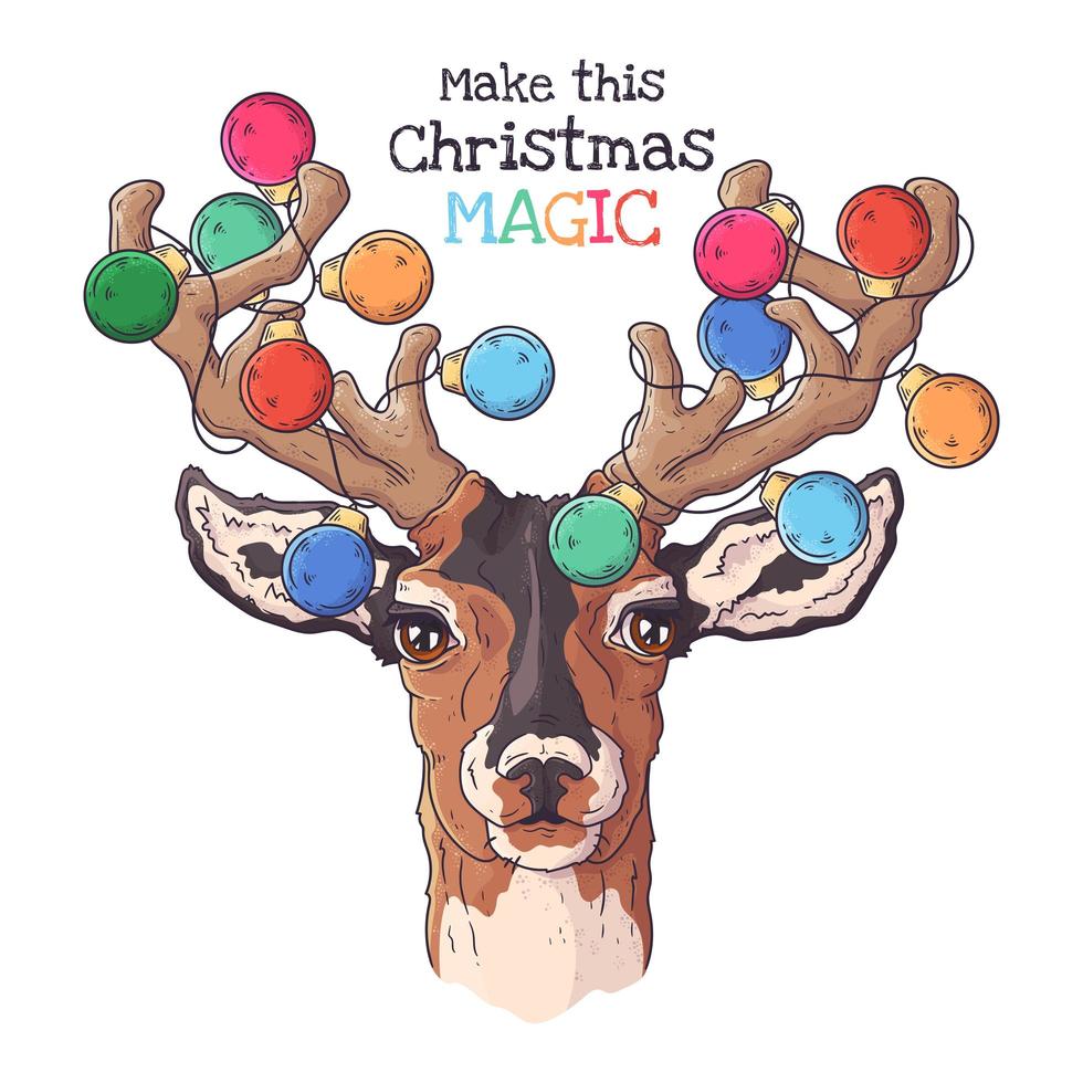 Hand drawn portrait of deer in Christmas accessories Vector. vector