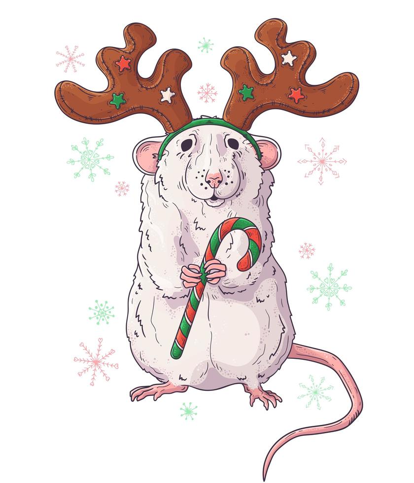 Hand drawn portrait of rat in Christmas accessories Vector. vector