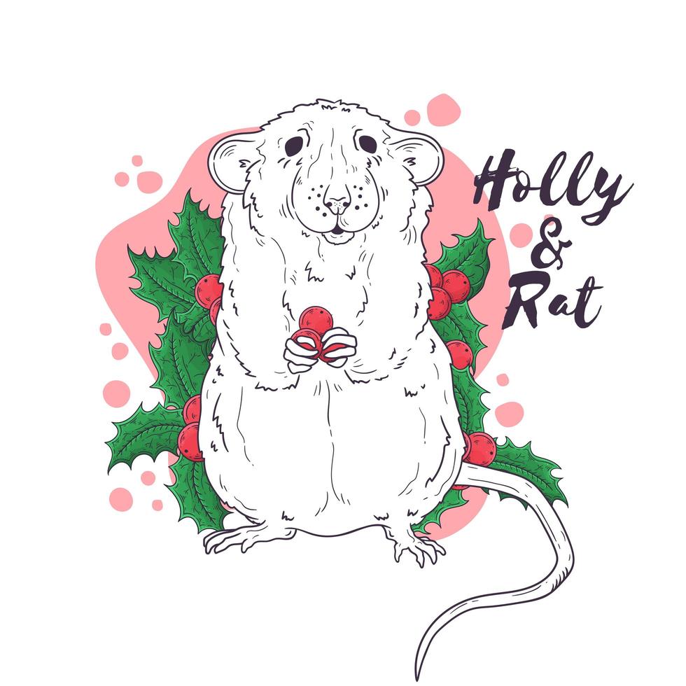 Hand drawn portrait of rat in Christmas accessories Vector. vector