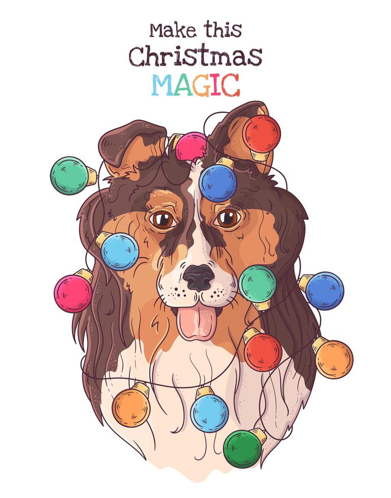 Retrato dibujado a mano de perro collie en vector de accesorios de Navidad.