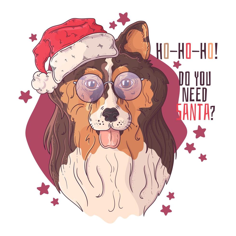 Retrato dibujado a mano de perro collie en vector de accesorios de Navidad.