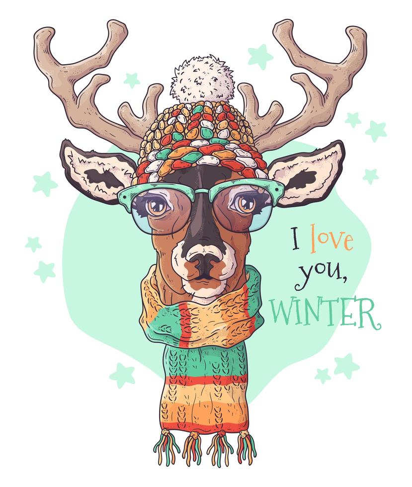 Hand drawn portrait of deer in Christmas accessories Vector. vector