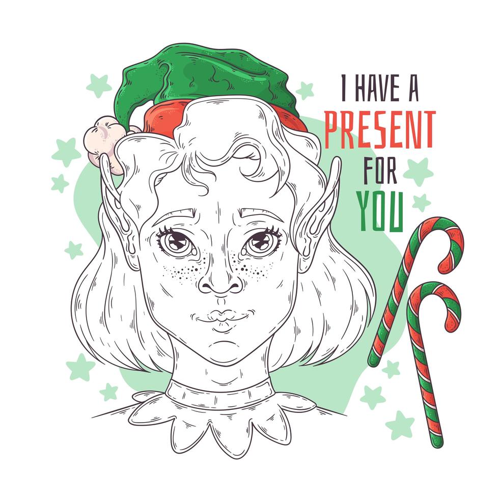 Hand drawn portrait of elf girl with Christmas symbols Vector. vector