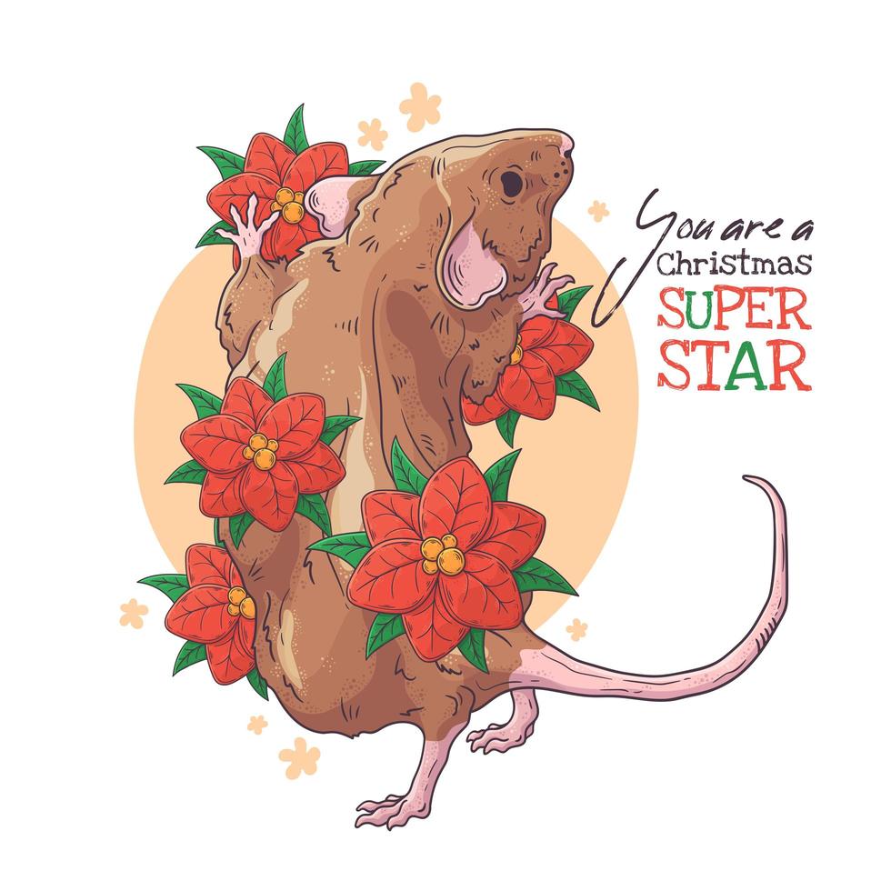 Hand drawn portrait of rat with Christmas flowers Vector. vector