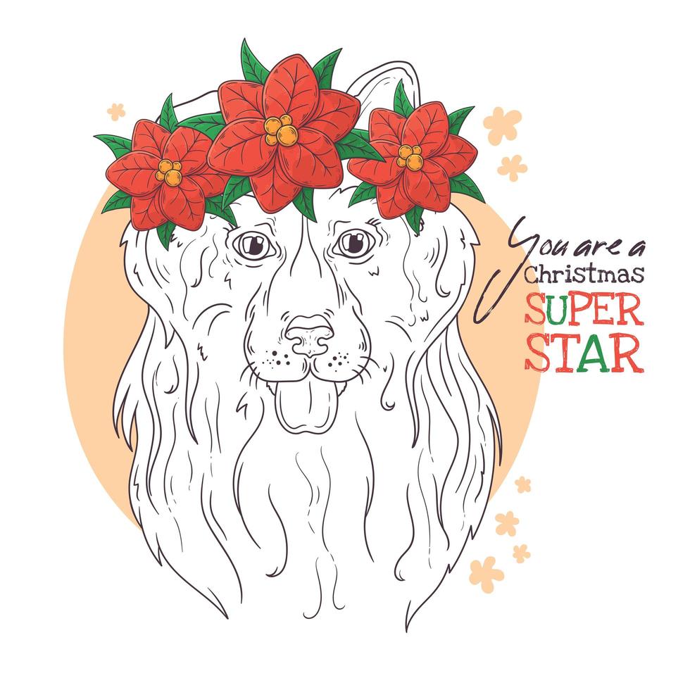 Hand drawn portrait of collie dog with Christmas flowers Vector. vector