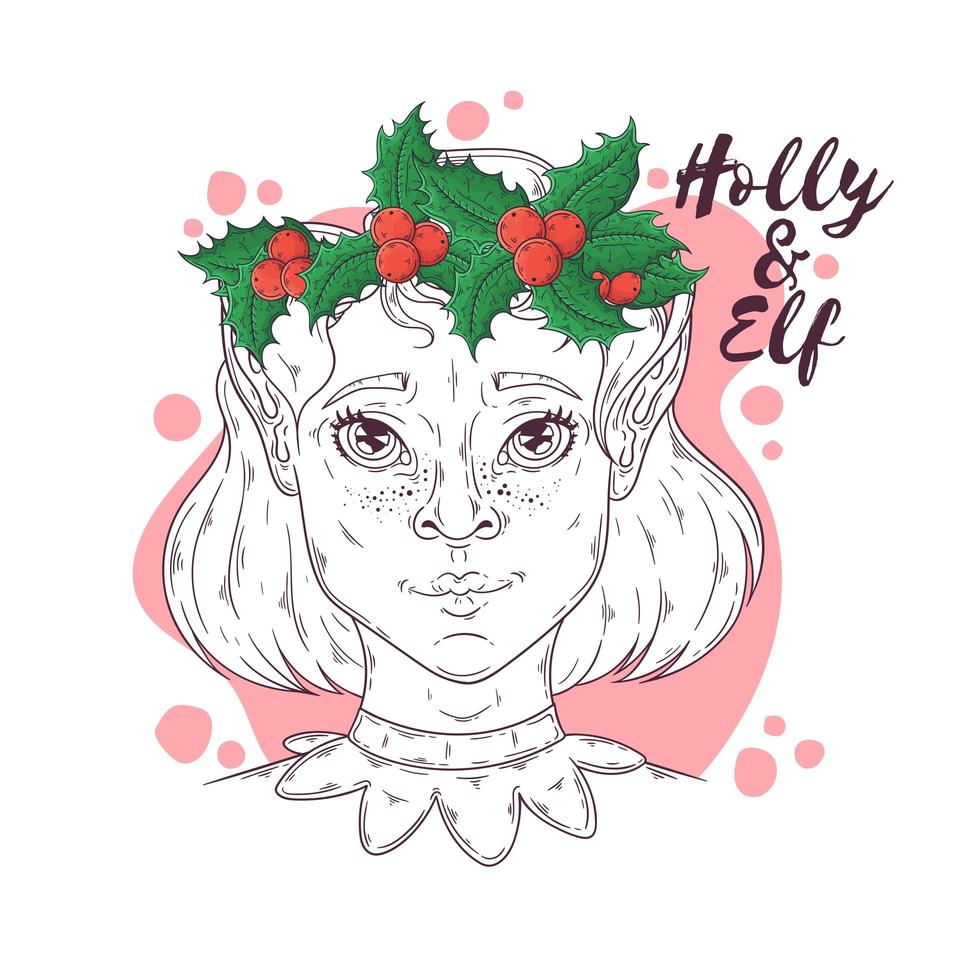 Hand drawn portrait of elf girl with Christmas symbols Vector. vector