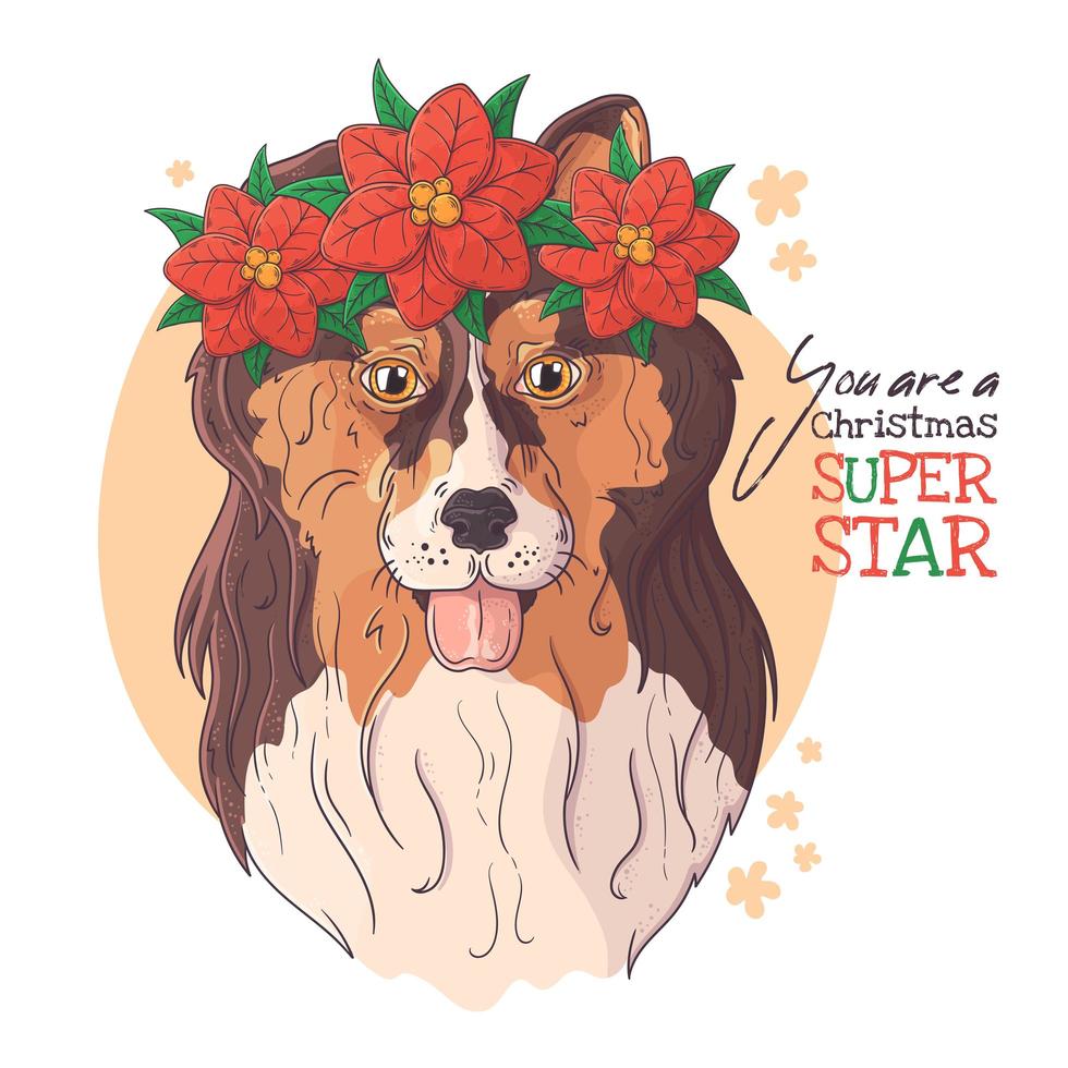 Retrato dibujado a mano de perro collie con vector de flores de Navidad.