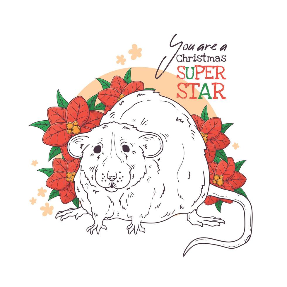 Hand drawn portrait of rat with Christmas flowers Vector. vector