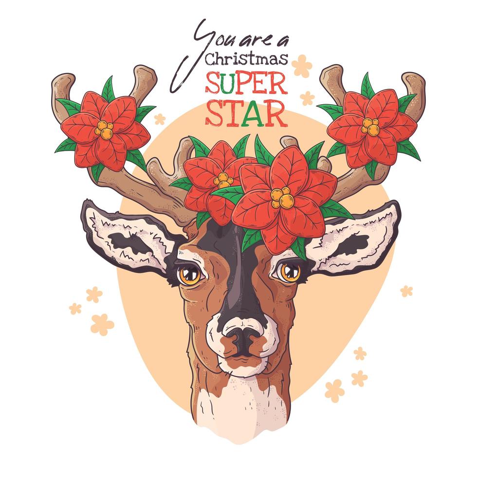 Hand drawn portrait of deer with Christmas flowers Vector. vector