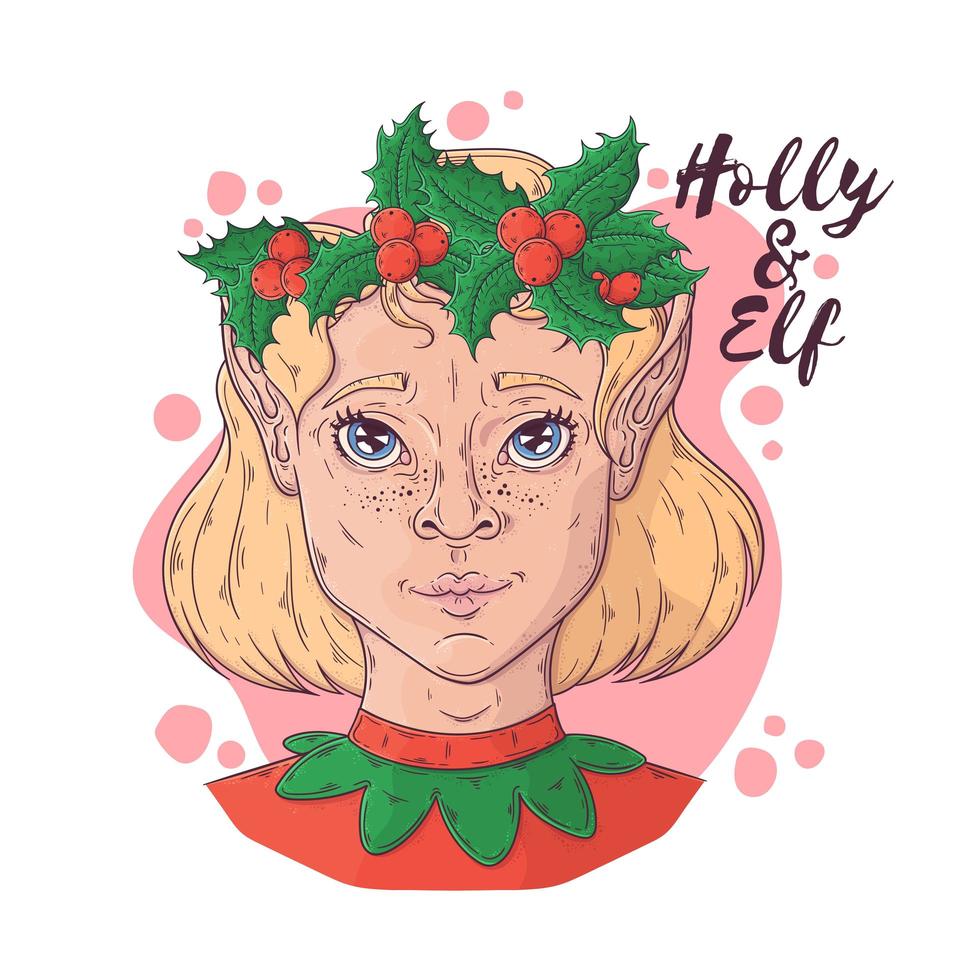 Hand drawn portrait of elf girl with Christmas symbols Vector. vector