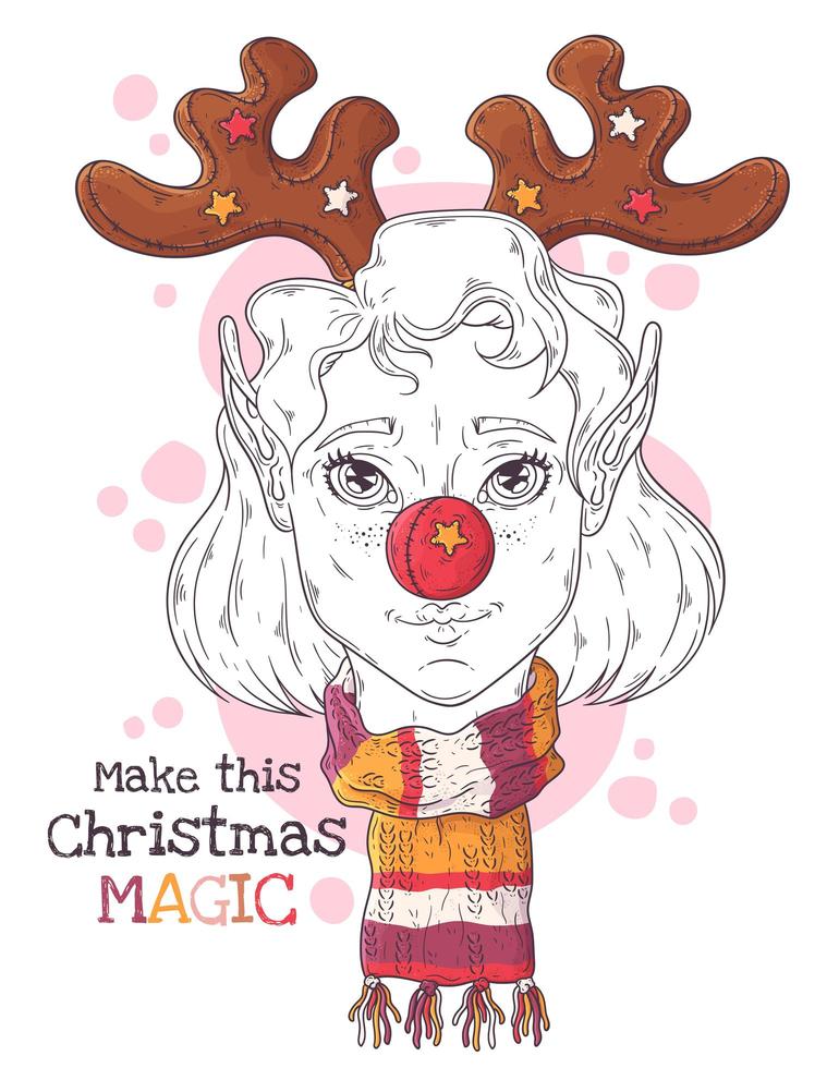 Retrato dibujado a mano de niña elfa con vector de símbolos de Navidad.