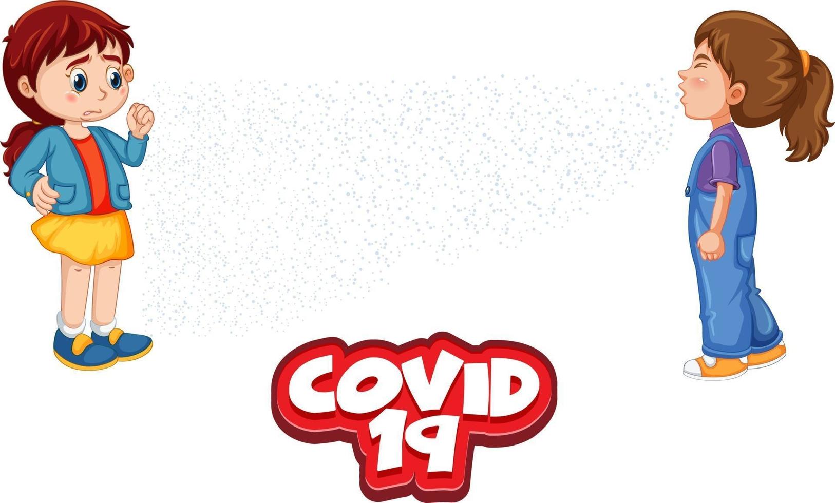 Covid-19 font in cartoon style with a girl look at her friend sneezing isolated on white background vector