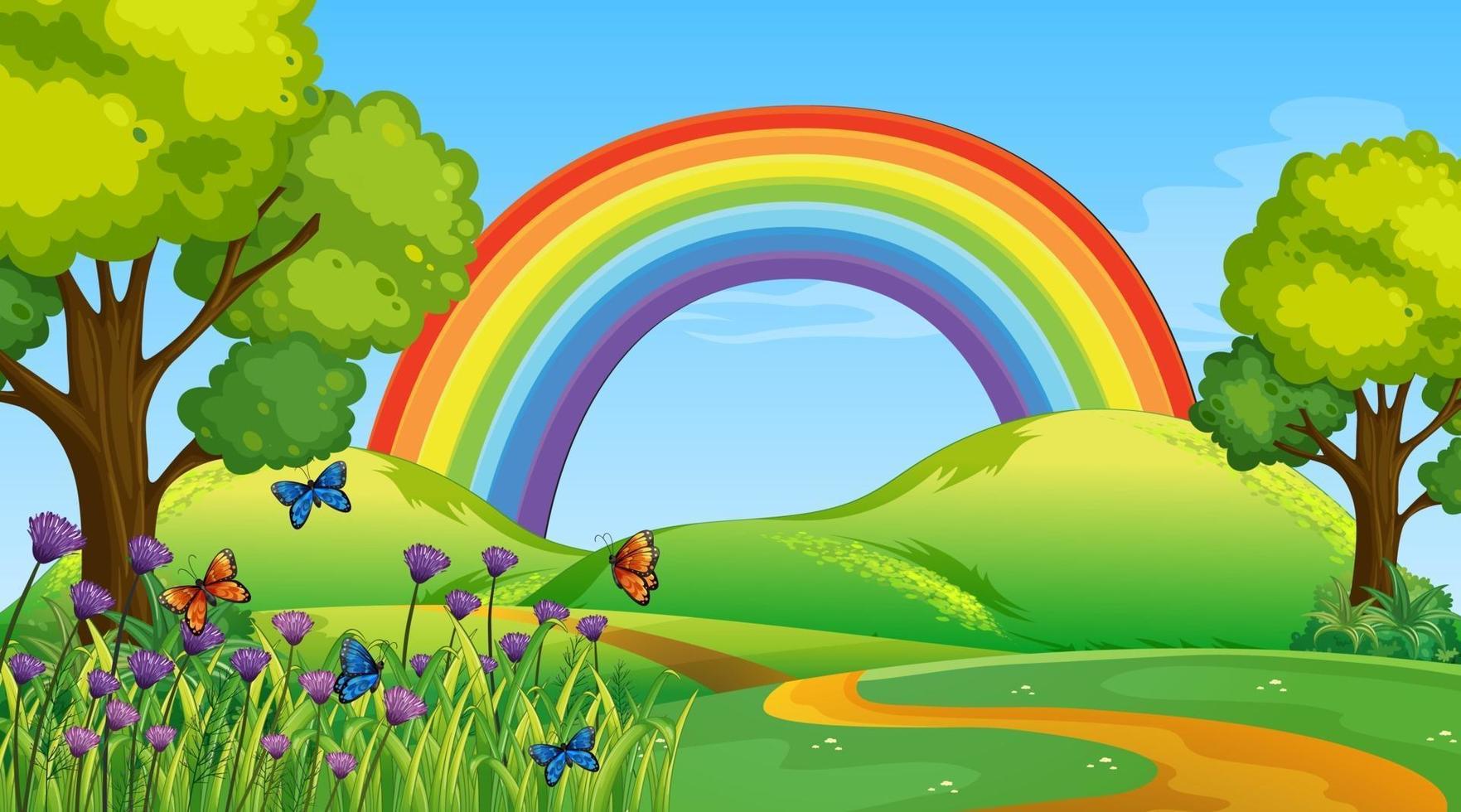 Nature park scene background with rainbow in the sky vector