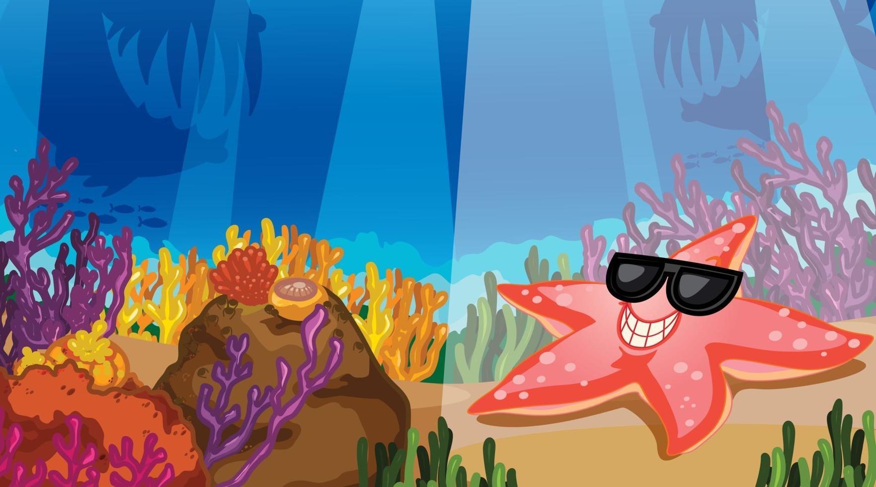 Escena submarina con personaje de dibujos animados de estrellas de mar y arrecife de coral tropical vector