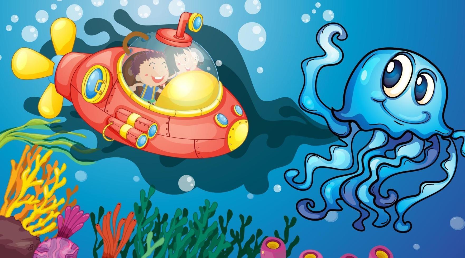 Escena submarina con niños felices en submarino explorando submarinos. vector