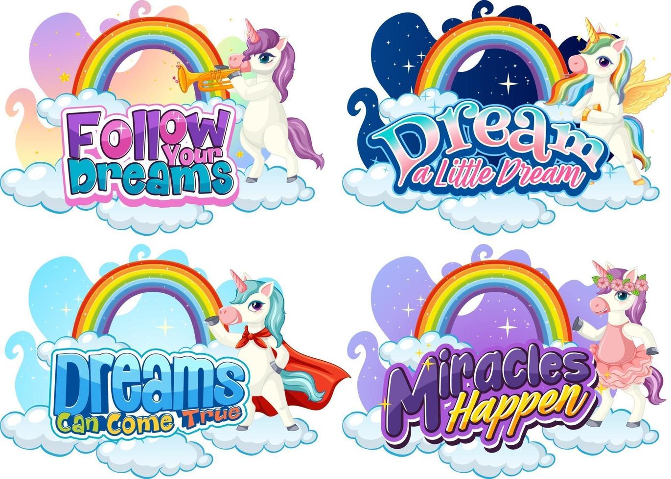 Set of different unicorn font typography with rainbows isolated vector