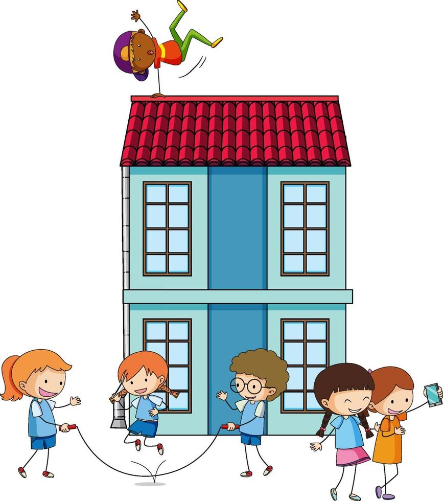 Many kids doing different activities around the house vector
