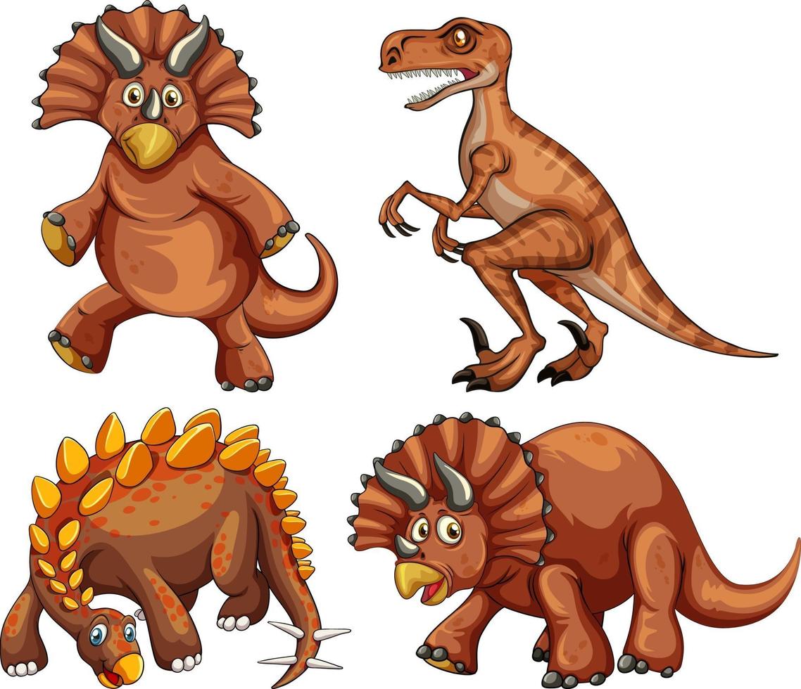 conjunto de personaje de dibujos animados de dinosaurio marrón vector