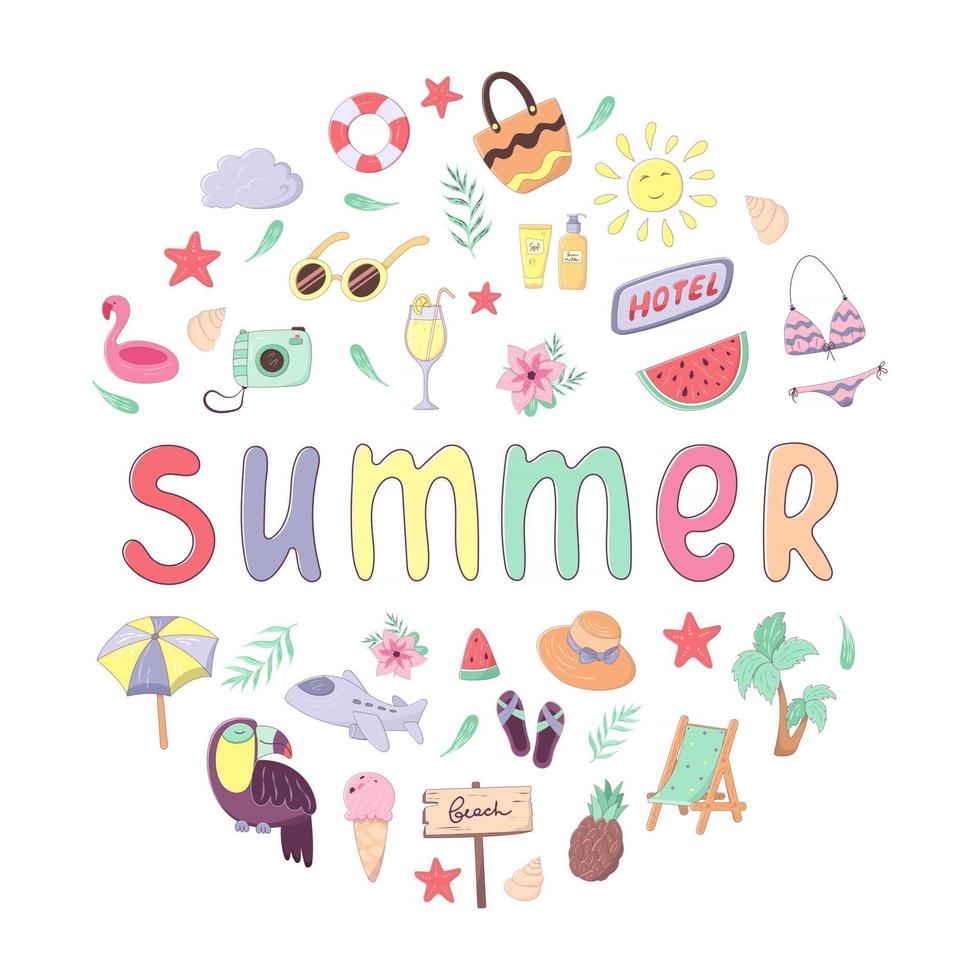 Set of colorful summer vacation doodles and lettering. Collection of ...
