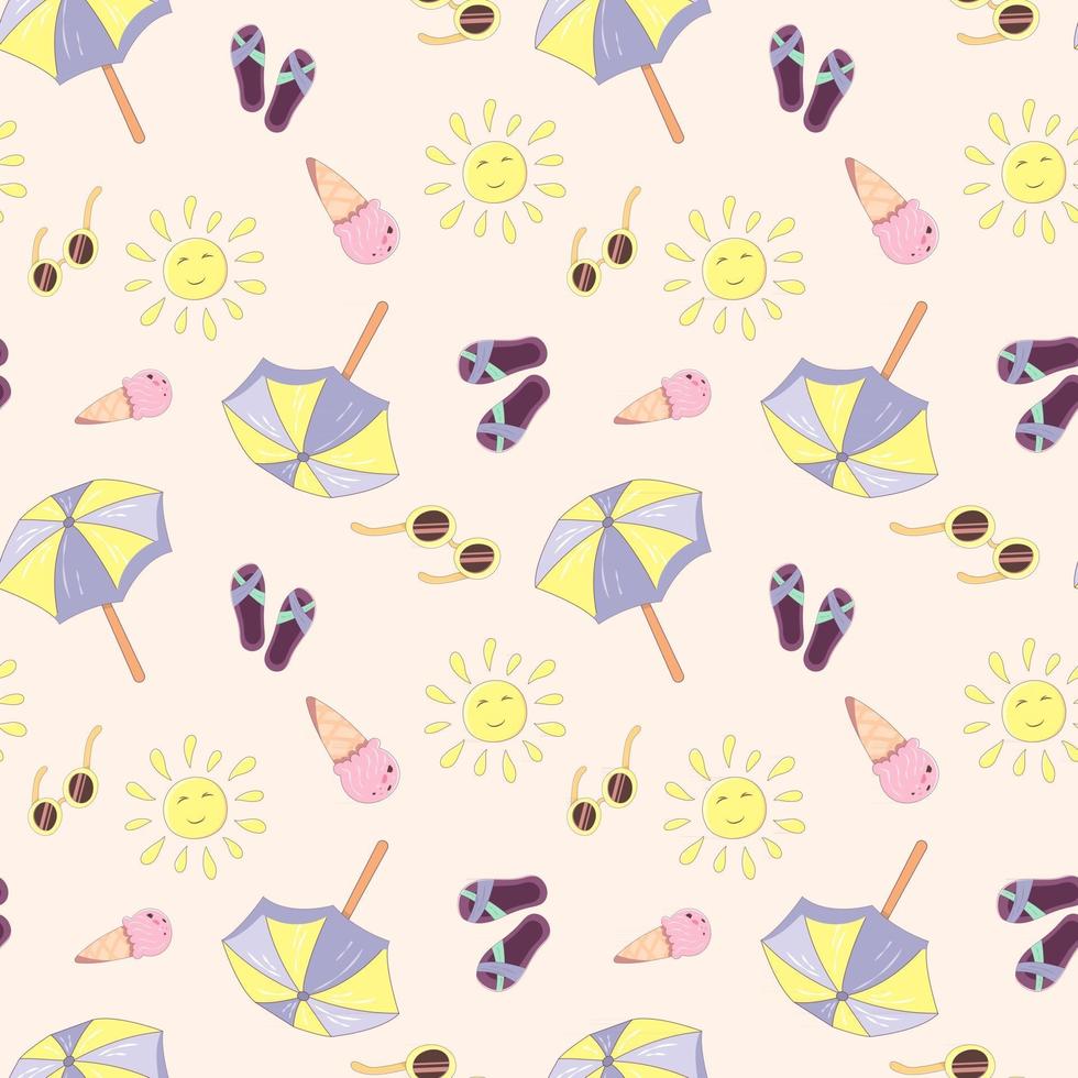 Summer vacation seamless pattern with flip flops, beach umbrella, ice cream and sunglasses. Endless texture for your summer holiday. Vector illustration in cartoon style with stroke