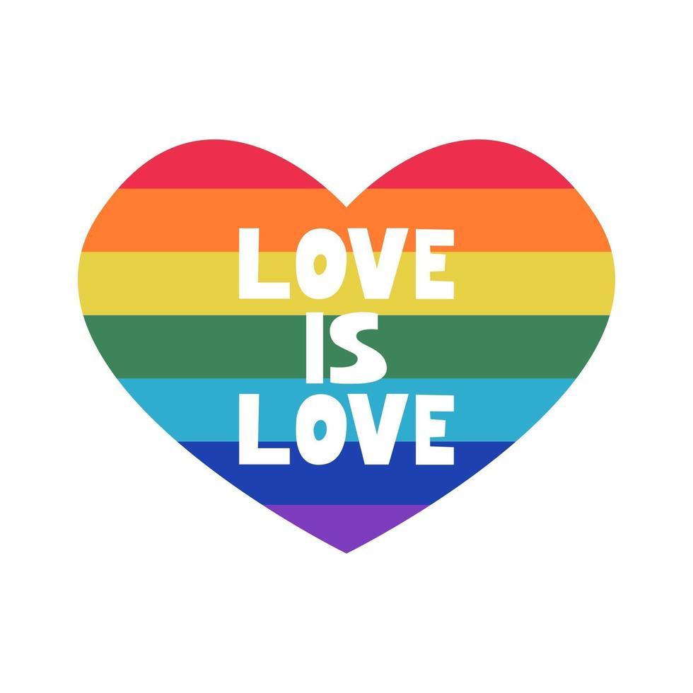 LGBT Pride Month in June. A bright heart with the inscription Love is Love in the colors of the rainbow. Vector image for posters, postcards