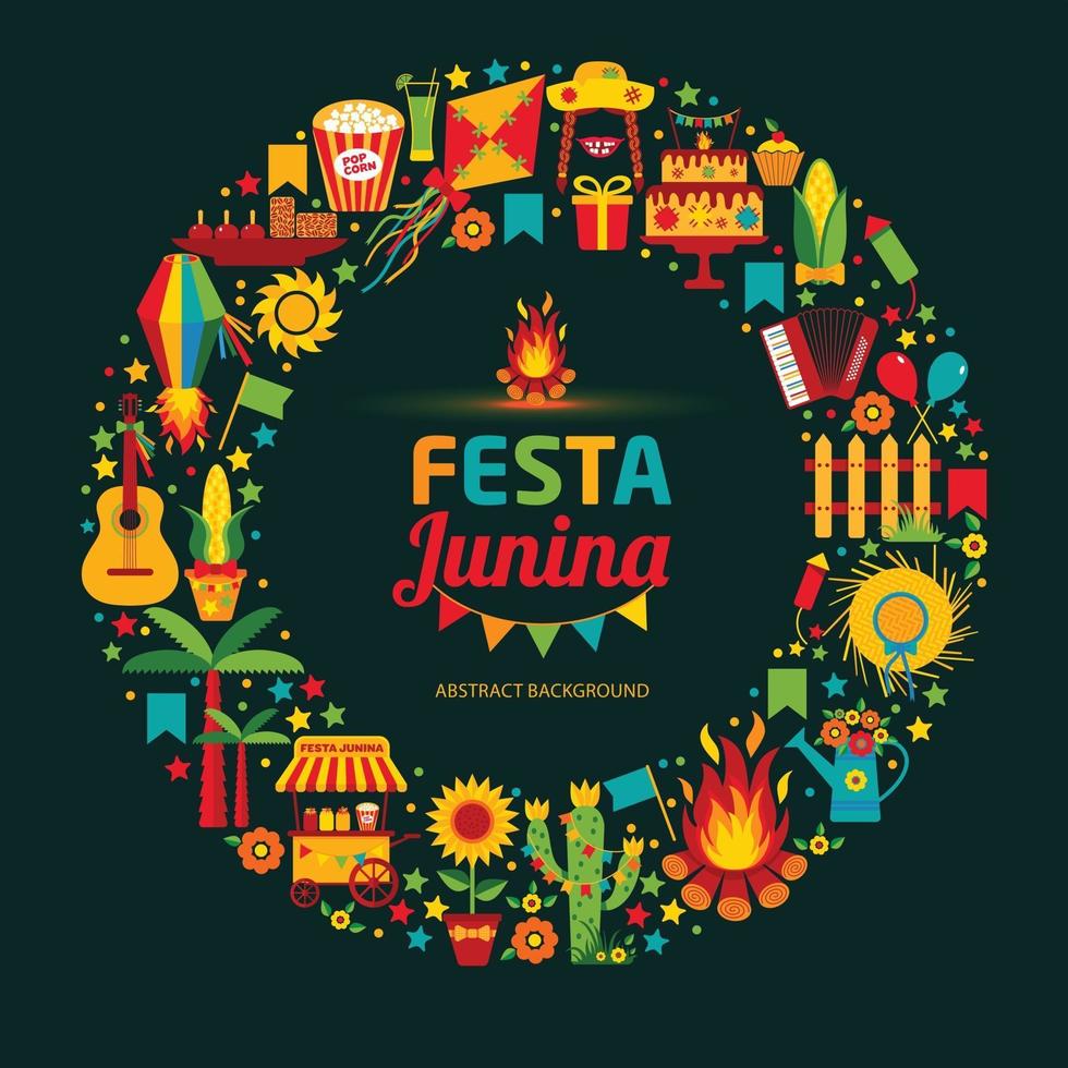 Festa Junina village festival in Latin America. Icons set in wreath. vector