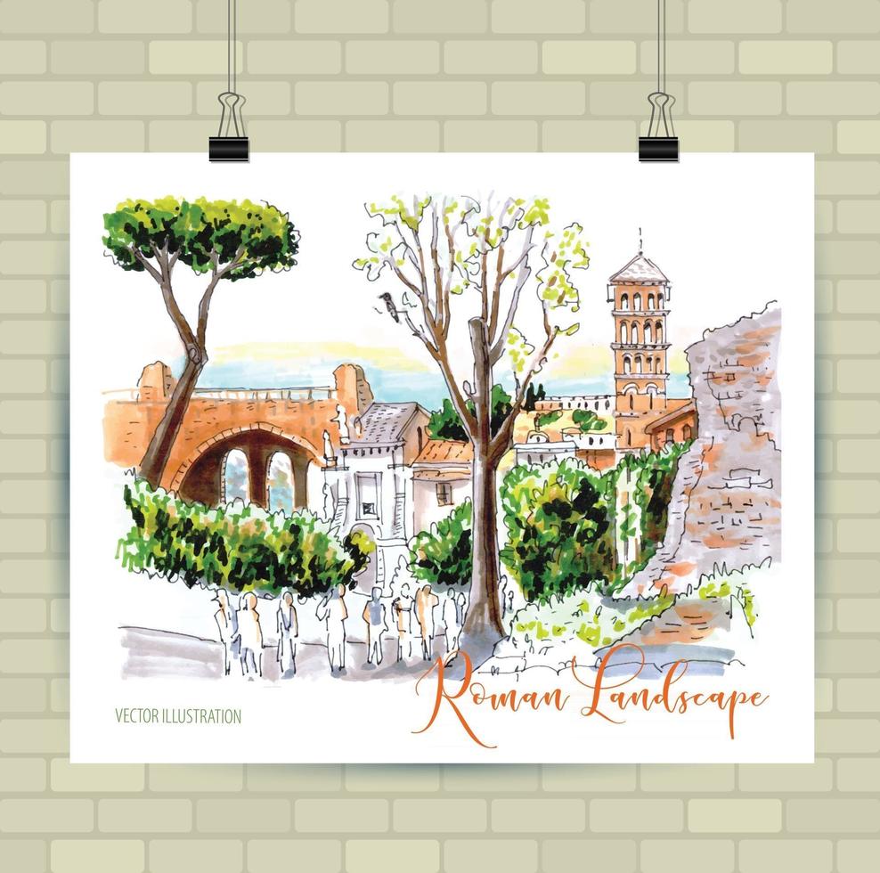 Roma, Ruins in Rome, Italy, illustration, hand drawn, sketch vector