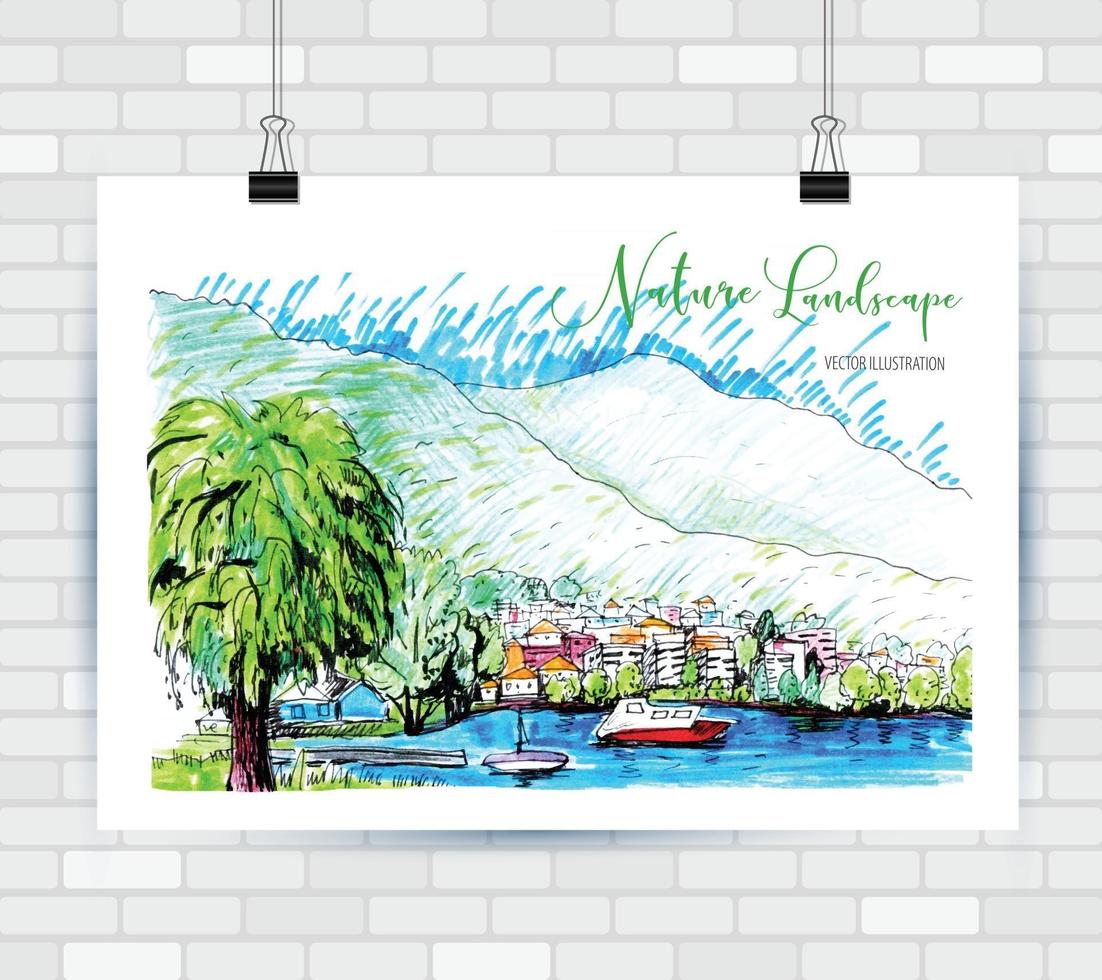 Nand dawn ullustration. Nature landsape hand made style with ship vector