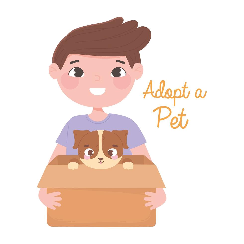 adopt a pet, happy boy with puppy in the box vector
