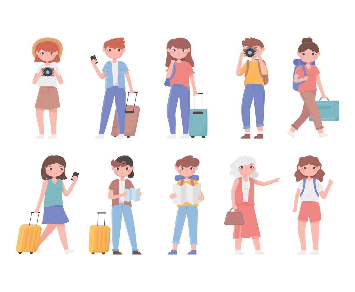 people traveling, different persons tourists with camera map backpack suitcase vector