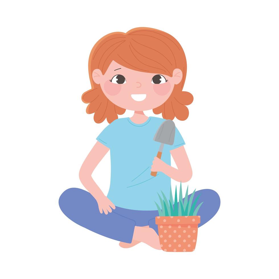 home gardening, girl with shovel and plant in pot vector