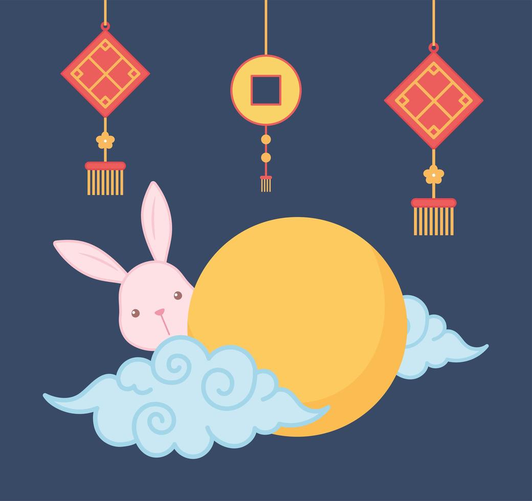 curly clouds sun rabbit and lanterns traditional oriental element decoration color design vector