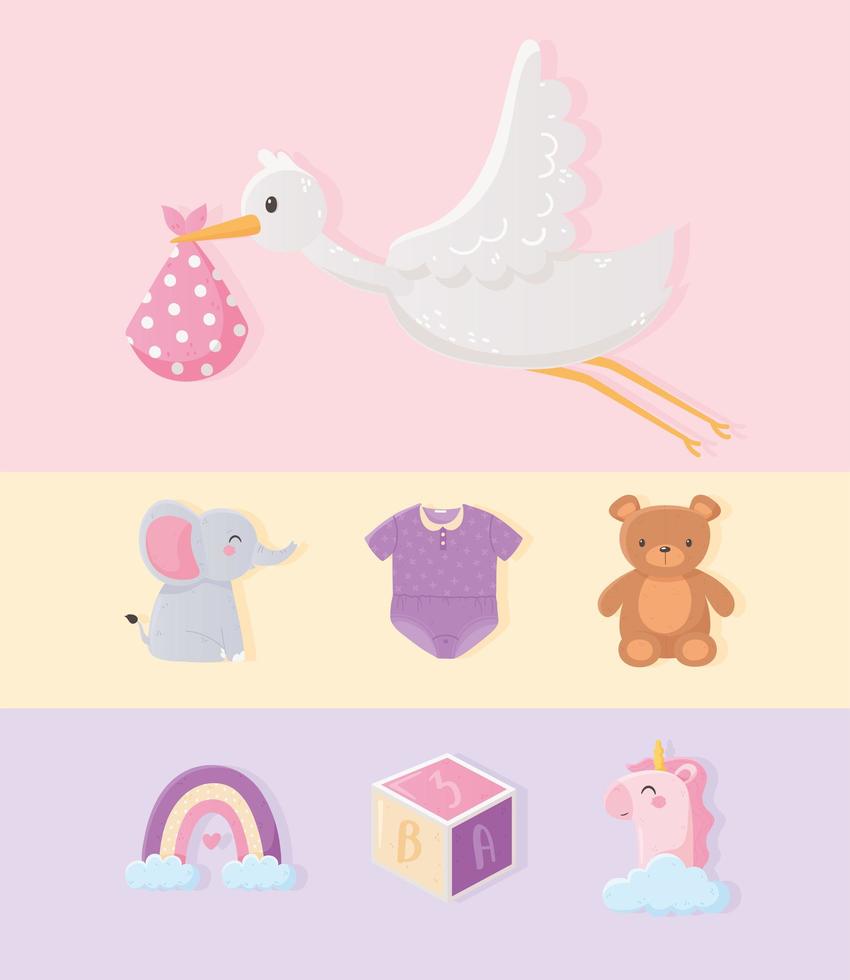 baby shower, cigüeña con manta, unicornio oso elefante arco iris, iconos de colección vector