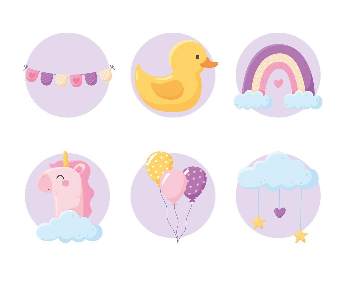 baby shower, cute duck rainbow unicorn balloons in block icons vector